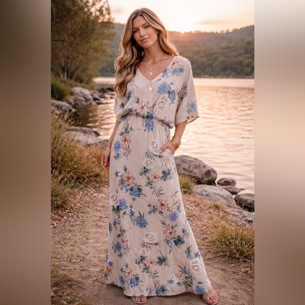 Final Touch Floral Maxi Dress in Cream and Blue